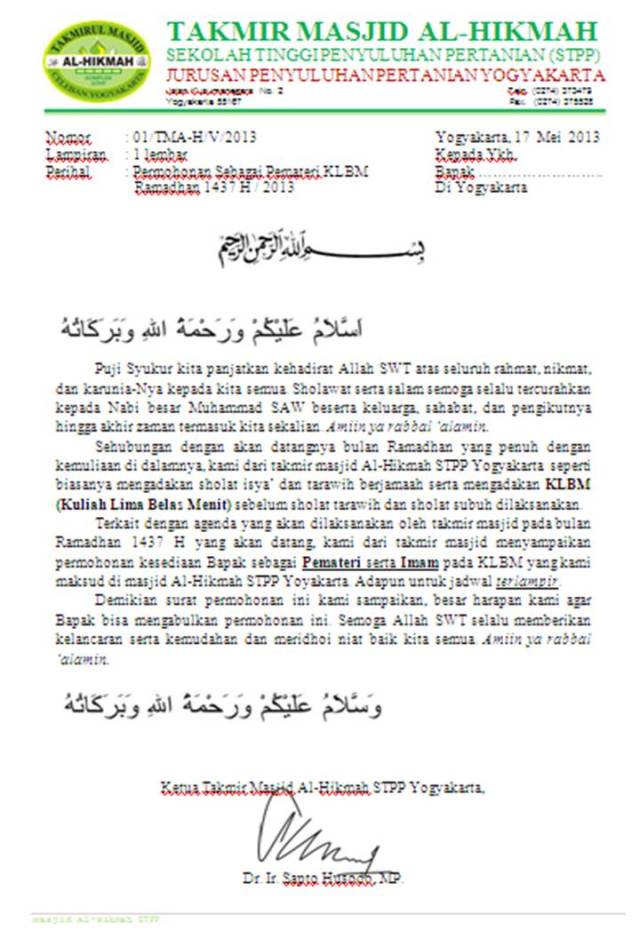 Contoh Surat Permohonan Imam Sholat Tarawih